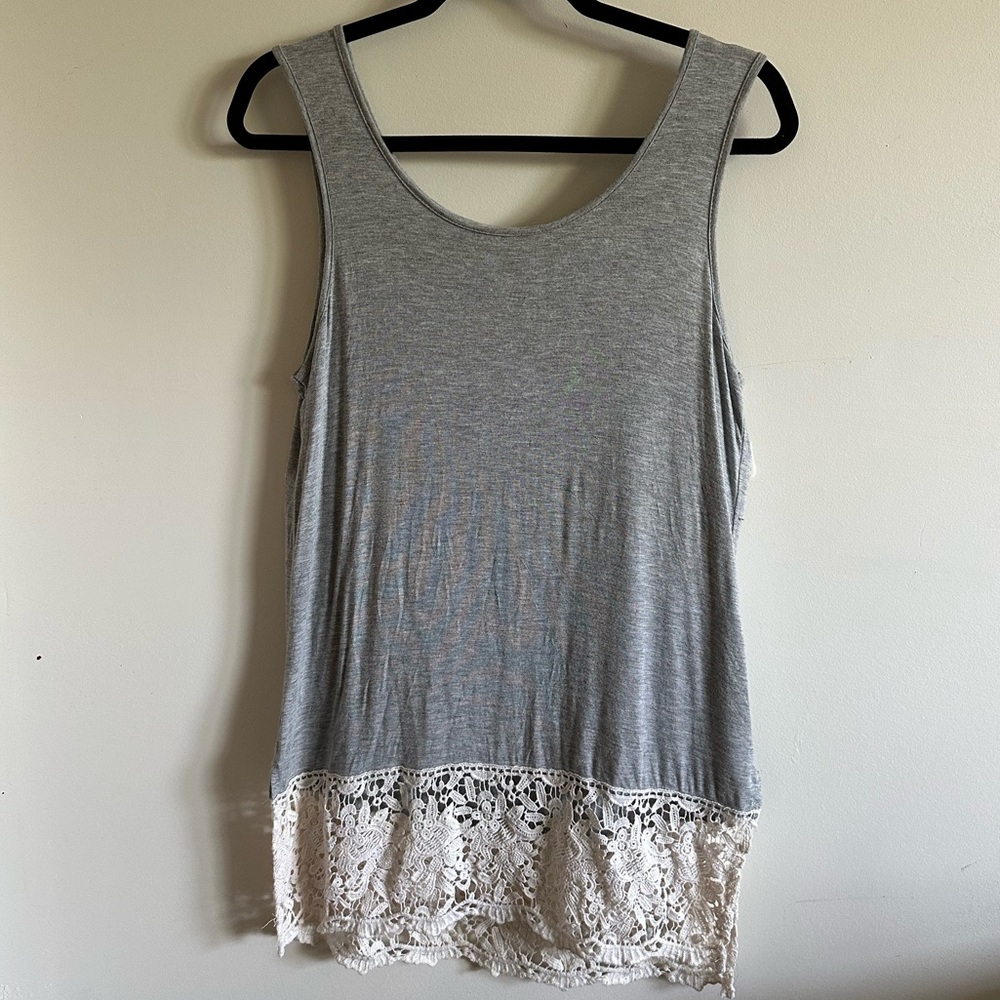 🔥SALE🔥 Grace & Lace Gray Lightweight Tank Top w/ Wide Lace Bottom